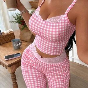 Pink Gingham Lace Trim Sleepwear Set